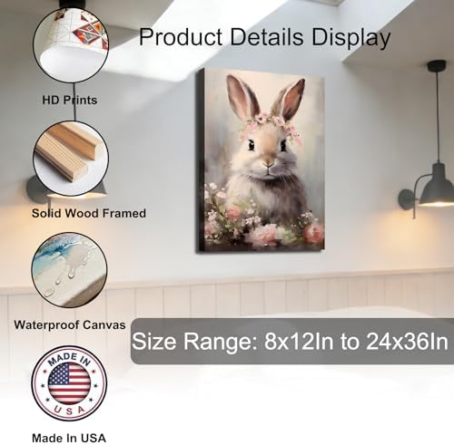 Framed Vintage Easter Bunny Wall Art - Muted Spring Rabbit Oil Painting Print, Farmhouse Easter Wall Decor, Rustic Cottagecore Animal Picture for Shelf, Mantle & Holiday Home Decor