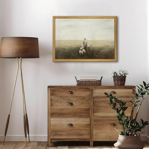 Wood Framed Jesus Wall Art, Christian Canvas Wall Decor, Jesus Leaves the 99 Sheep Poster Print Picture, Lost Lamb Religious Artwork Oil Painting for Living Prayer Room Bedroom 16x24 inch