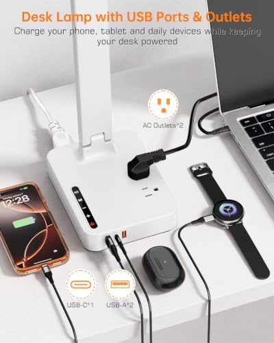 cozoo LED Desk Lamp for Dorm Office, USB-C,AC Outlet, Reading Light, White