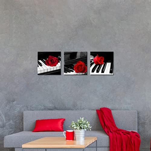 NAN Wind 3 Pcs Modern Canvas Painting Black and White Red Rose Canvas Art Rose and Piano Keyboard Wall Art Music Decorations Flower Picture on Canvas for Home Decor Giclee Framed Artwork for Wall