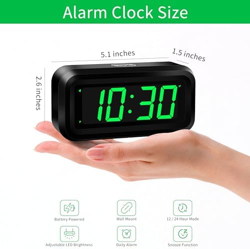 KWANWA 1.2 Inch Small Digital Alarm Clock, Green LED Display with Adjustable Brightness & Night Mode, Battery Operated Portable Desk Clock, for Bedroom, Travel, Kids, Wall Mount (Snooze, 12/24H)