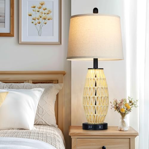 CINSARY 27“ Beige Boho Rattan Table Lamps with Night Light, Natural Bedroom Lamps Set of 2 with USB A+C Charging Ports, Rustic Farmhouse Woven Wicker Bedside Nightstand Lamp for Living Room End Tab