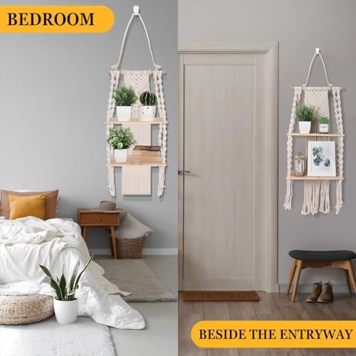 Barydat 2 Pack Macrame Wall Hanging Shelf 2 Tier Handmade Boho Hanging Wall Shelf Floating Woven Rope Decorative Storage Racks Holder Organizer for Home Bedroom Bathroom Plants, Beige (Classic)