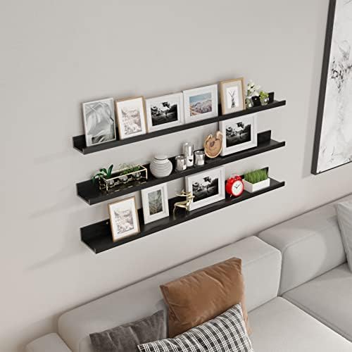 Giftgarden 47 Inch Black Floating Shelves Ledge, Wall Mount Long Picture Rail Large Woodgrain Photo Shelving for Living Room Bedroom Office, Set of 3 Different Sizes