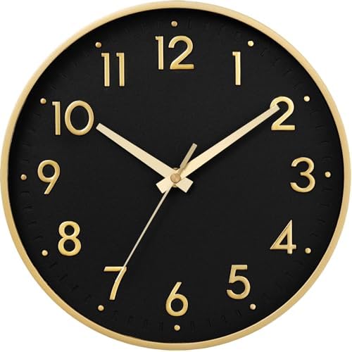 Mosewa Small 8 Inch Wall Clock Battery Operated Silent Non Ticking Analog | Black Gold modern clock; oversized 3D easy-read dial for kitchen, bedroom & office; 1 AA battery (not included)