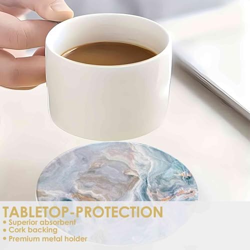 Drink Coasters with Holder 6 Pack, Ceramic Marble Style, Absorbent Abstract Coasters Set, 4in Cup Mat for Any Cups, Home, Living Room Decor, Tabletop-Protection for Coffee Beverage-Light Blue