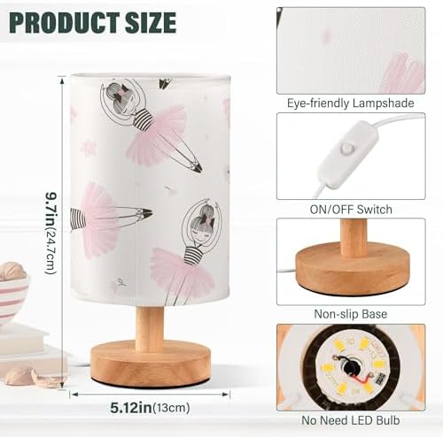 Cute Ballerina Girl Table Lamp with Pink Flower Pattern, Wood Base, Fabric Shade for Bedside, Desk, Living Room, Kids Room, Office