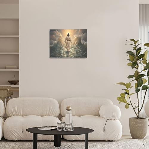 Jesus Walking on Water Wall Art Jesus Christian Spiritual Wall Decor Pictures Bible Story Canvas Prints Painting God Faith Artwork Decoration for Bathroom Bedroom Living Room Framed Gifts 20"x24"