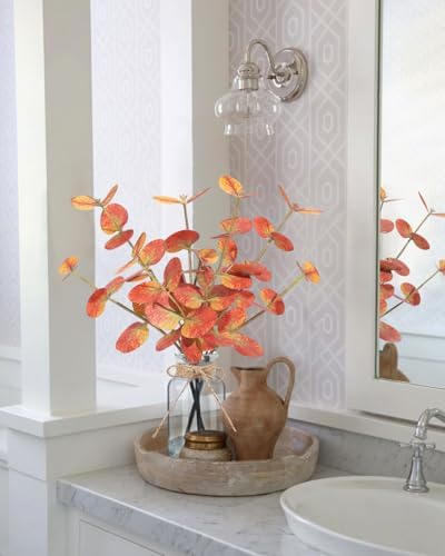 Bessol Fall Artificial Eucalyptus Stems in Glass Vase with Faux Water 14" Autumn Eucalyptus Branches Fall Home Table Decor Fake Fall Plants Stems for Farmhouse Kitchen Bathroom Decorations