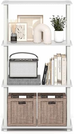 Furinno Turn-S-Tube Storage Shelves, 4-Tier Book Shelf, Corner Shelf, Toolless Open Frame Standing Shelves, for Organization and Storage, Living Room, Garage, Home Office, White