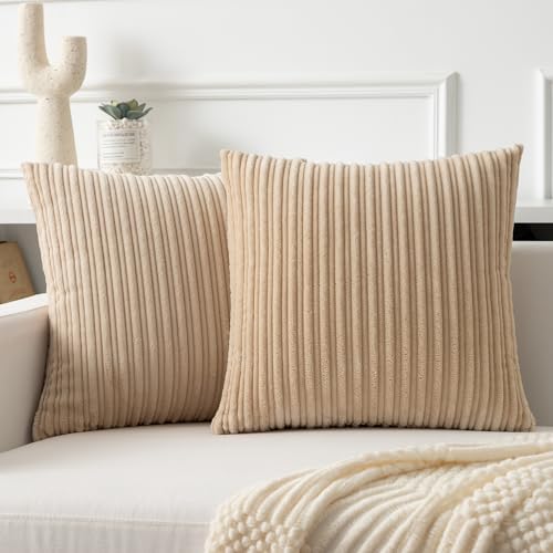 Kevin Textile Striped Corduroy 26”x26” Pillow Covers 2 Pack, Beige