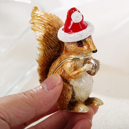 Hand Painted Christmas Trinket Box for Home Decor Accents, Enamel Hinged Jewelry Box for Bookshelf Office Table Desk Decor, Classical Figurine Collectible Keepsake Sculptures (Brown Squirrel)