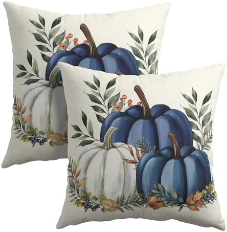 Pumpkins Throw Pillow Covers 18x18 inch Set of 2 Fall Blue and White Pumpkin Pillowcase Autumn Thanksgiving Vintage Outdoor Decorations Cotton Linen Cushion Cover for Home Bedroom Sofa Chair