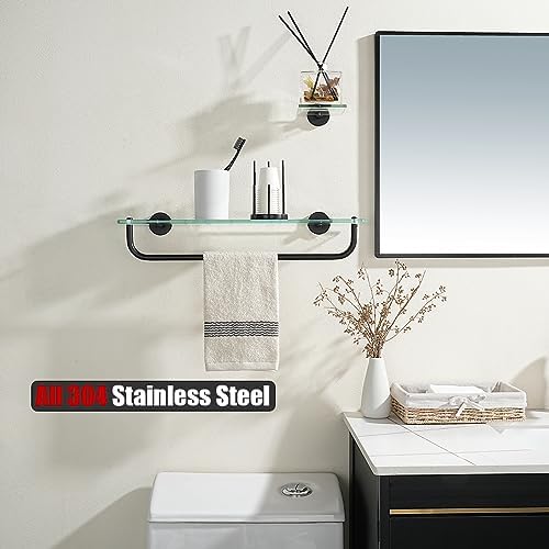 JQK Bathroom Glass Shelf, Shelf with 19 Inch Towel Bar Tempered Glass Shower Storage 20 by 5 inches, 304 Stainless Steel Matte Black Wall Mount, TGS100L20-PB