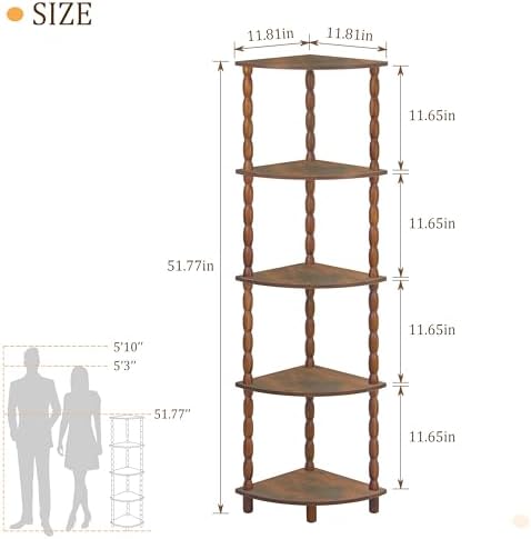 MaxSmeo Corner Shelf, 5-Tier Corner Bookshelf for Small Spaces, Stylish Corner Storage Display Shelves for Bedroom, Bathroom, Kitchen, Living Room (Rustic Brown)