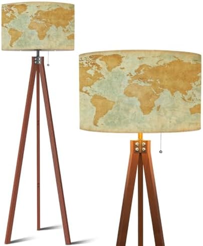 Wood Tripod Floor Lamp World Map Old Worn Paper Modern Standing Lamp Linen Lampshade Dimmable Tall Lamp Mid Century Floor Lamp for Living Room Bedroom