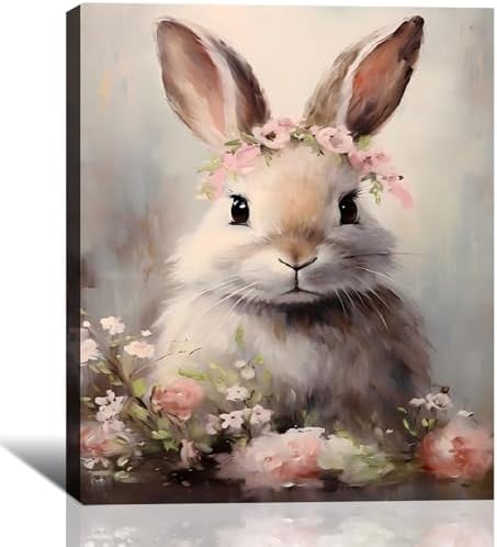 Framed Vintage Easter Bunny Wall Art - Muted Spring Rabbit Oil Painting Print, Farmhouse Easter Wall Decor, Rustic Cottagecore Animal Picture for Shelf, Mantle & Holiday Home Decor