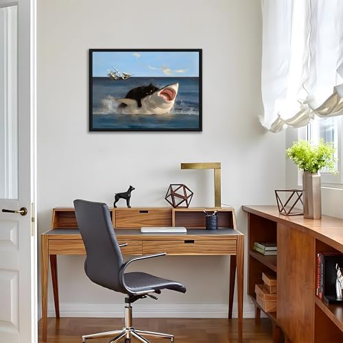Floating Framed Black Cat Wall Art, Funny Quirky Cat and Shark Pictures Canvas Print, Abstract Black Cat Shark Posters Wall Decor for Room Bedroom Living Room Bathroom Aesthetic 12x16 inch