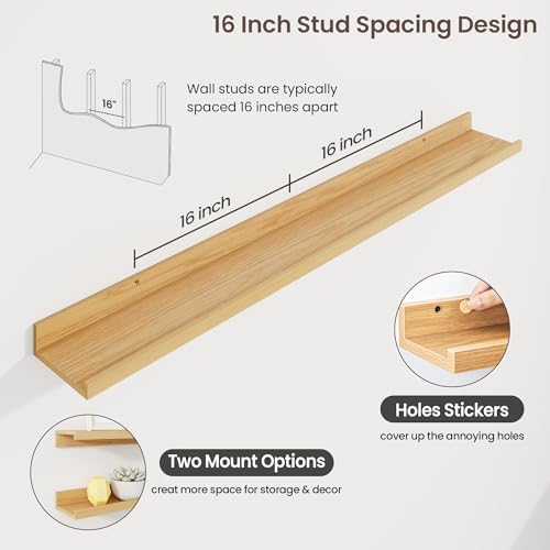 Axeman 48 Inch Floating Shelves with Lip, Set of 3 - Oak - Wall Mounted Shelves for Storage and Display - Engineered Wood - 22 lbs Weight Capacity