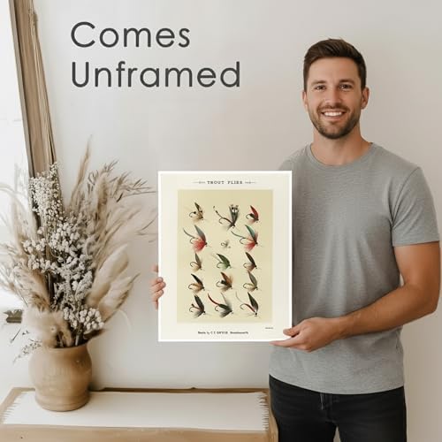 DREAM BIG PRINTABLES Vintage Fly Fishing Art Prints (Set of 4) - Unframed - 8x10 | Fishing Lure Wall Decor for Fisherman
