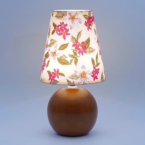 Vintage Wooden Night Lamp, Wood Base Fabric Lampshade, Adjustable Light Color and Brightness with Power-Off Memory, Safe USB Powered, Retro LED Table Light for Bedroom Living Room Office (Red Flowers)