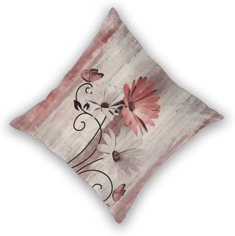 Red Floral Pillow Covers 20 x 20 Inch Set of 2 Daisy Floral Butterfly Decorative Throw Pillow Covers Linen Rustic Farmhouse Cushion Cases for Home Sofa Couch Living Room Decor