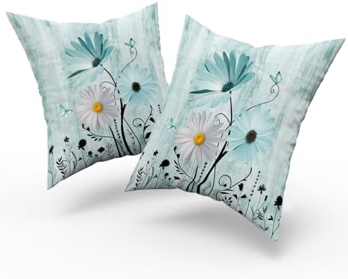 Giwawa 2PCs Teal Daisy Pillow Covers- 16"x16" Rustic Turquoise Floral Double Sided Square Pillowcases- Farmhouse Flower Butterfly Throw Cushion Cover for Sofa Porch Patio Outdoor Decor
