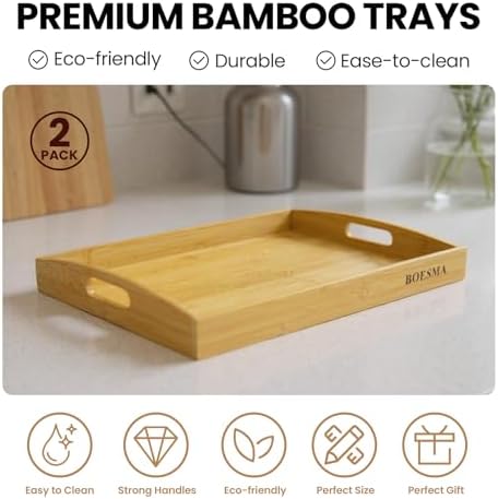 Set of 2 Bamboo Serving Trays with Handles, Wooden Breakfast Trays