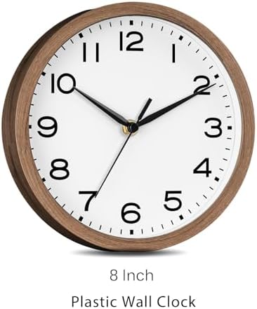 AKCISOT 8 Inch Wall Clock, Silent Battery Operated Analog Clock, Walnut | Small Size | Bedroom | Office | Kitchen | Bathroom | Classroom | Modern | Easy to Read