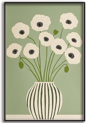 Green Poppy Floral Wall Art Abstract Botanical Wall Print Painting | Vintage Green Flower Pictures Wall Decor Boho Floral Canvas Wall Art Home Decor for Living Room Bedroom 16x24 Inch Unframed
