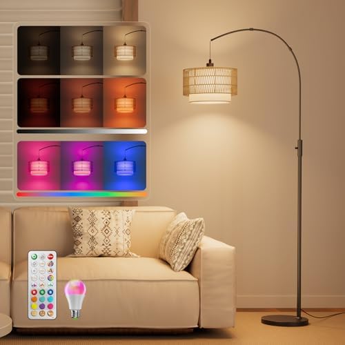 Boho Rattan Arc Floor Lamp, 71" RGB Color Changing, 3-in-1 Shade