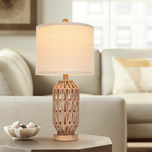 22.5” Rattan Table Lamp Set of 2, Woven Boho Lamp for Bedroom Living Room, 11x11x9 Fabric Drum Shade, E26 Base (Max 60W), Stable Wood Base for Nightstand Console