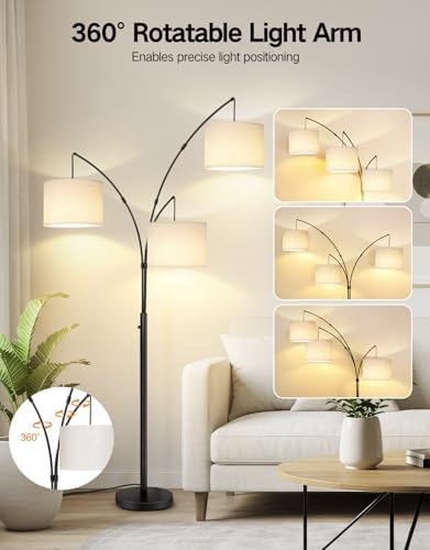 OUTON Arc Led Floor Lamp, Modern Black 3 Light Tall Floor Lamp for Bedroom, 2400lm Mid Century Adjustable Standing Corner Lamps for Living Room Office, 3 LED Bulbs Included, White Lampshade
