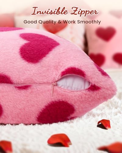 Valentines Pillow Covers 18x18 Inch Set of 2 - Plush Faux Fur Rose Hearts Valentines Day Jacquard Throw Pillow Covers Decorations Soft Home Decor for Couch, Sofa, or Bed
