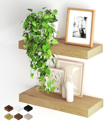 Fun Memories Floating Shelves for Wall, 20Inch Floating Shelves Set of 2, Hanging Shelf with Invisible Brackets, Wood Shelves for Living Room, Bedroom, Kitchen, Oak