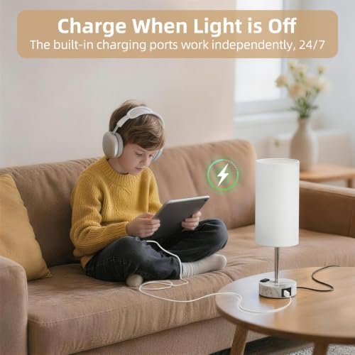 Table Lamp, Dimmable Touch, AC Outlet, USB A+C (White&Marble)