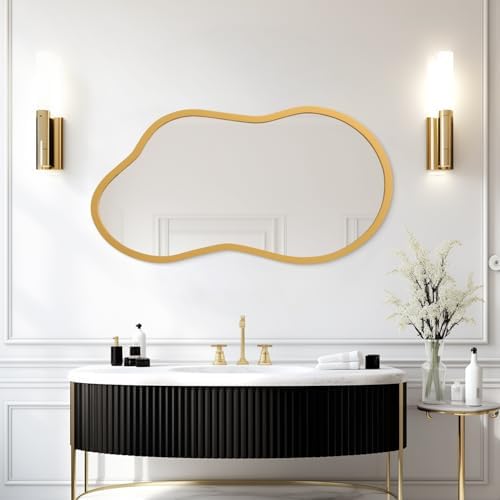 AAZZKANG Large Wall Mirror with Wood Framed 26"x16" Gold Irregular Hanging Mirrors Asymmetrical for Bathroom Bedroom Living Room Entryway