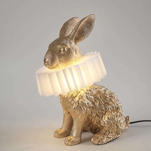 Gold Scarf Bunny Lamp,Resin Crafted Sitting Rabbit Table Lamp,White Pleated PC Lampshade,USB Powered LED Nightstand Lamp,Cute Home Decor & Kids Bedroom Nursery Light