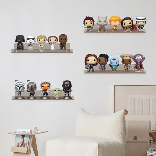 Dezzer 6 Pack Acrylic Shelves for Wall, 15" Acrylic Floating Shelves for Bathroom Bedroom, Invisible Bookshelf Wall Ledge Storage Shelf Books Perfume Toys Action Figure Display Shelves, Clear Gray