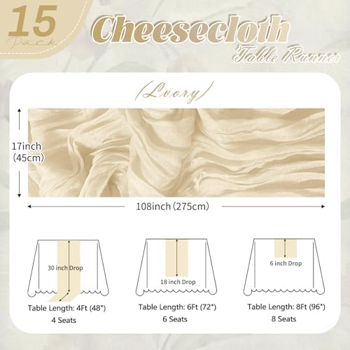 15 Pack Ivory Cheesecloth Table Runner 17 x 108 inch Cheese Cloth Table Runners 9ft Ivory Table Runner Rustic Romantic Sheer Gauze Runner for Wedding Party Baby Shower Table Decoration