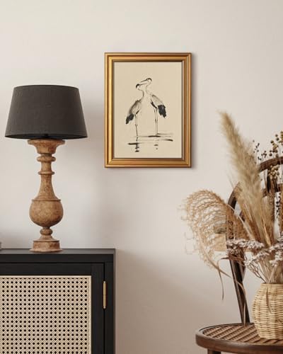 WHASAYART Gold Framed Vintage Wall Art for Living Room, Animals Painting Prints Shelf Decor for Kitchen, Aesthetic Bedroom Wall Art, Best Gifts for Friends or Family - Two Cranes 16L x 12W