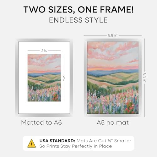 Homeforia A5 Silver Picture Frame, High-End Metal, A6 Mat, Glass
