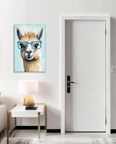 Alpaca Canvas Wall Art Nursery Wall Decor Funny Animals Wearing Glasses Pictures Prints Cute Camel Painting Framed Artwork for Living Room Bedroom Bathroom Home Decoration - 12.00"x18.00"