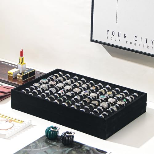 Byken 2 Pcs Ring Organizer Dish Tray,Stackable Jewelry Organizer Trays for Drawer,100 Slots Rings Jewelry Displays for Selling (Black)