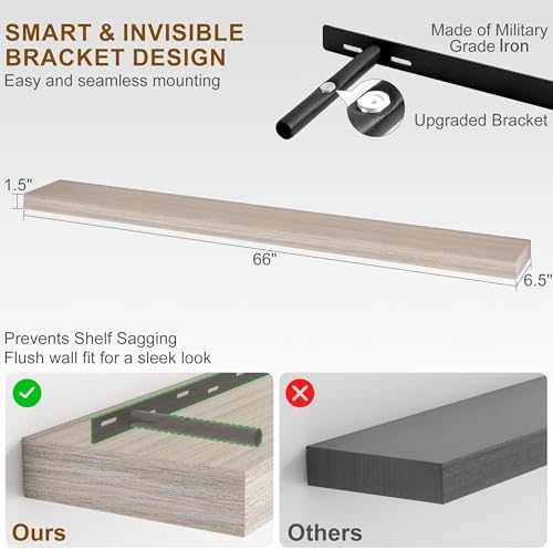 Fun Memories 66 Inch Fireplace Mantel - Long Floating Shelf, Wall Mounted Farmhouse Display with Invisible Heavy Duty Metal Bracket, Grey, 2 Pack