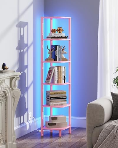 TUTOTAK Corner Shelf with LED Light, 6-Tier Corner Bookshelf