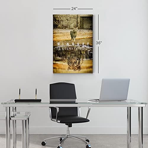 Smile Art Design Mindset is Everyting Cat and Reflection is Tiger Motivational Wall Art Canvas Print Inspirational Entrepreneur Quote Office Living Room Decor Gift Ready to Hang 36x24