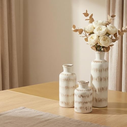 Vintage Ceramic Flower Vase Set of 3, Rustic Farmhouse Vase for Home Decor, Distressed Decorative Vase for Table Entryway Mantel Centerpiece Living Room Bathroom Bedroom (Ivory Vein)
