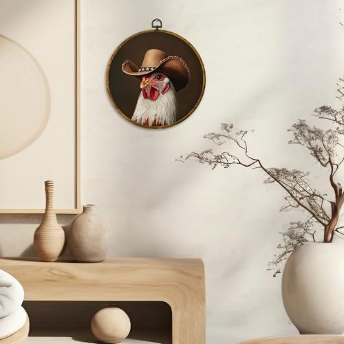 CUANFDDSF Western Chicken Cowboy Round Wall Art, Rustic Farmhouse Funny Animal Framed Hanging Wall Decor, Whimsical Cowboy Country Chicken Canvas Prints Decorations for Gallery Bedroom, 10x10 Inch