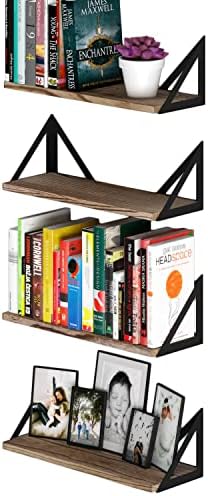Wallniture Minori Floating Shelves Set of 4, Small Bookshelf Unit for Bedroom, Office, Bathroom, and Living Room, Natural Burned Rustic Wood Wall Decor with Metal Floating Shelf Bracket